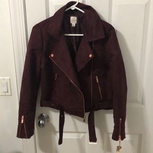 Faux suede Moto jacket deep plum with rose gold